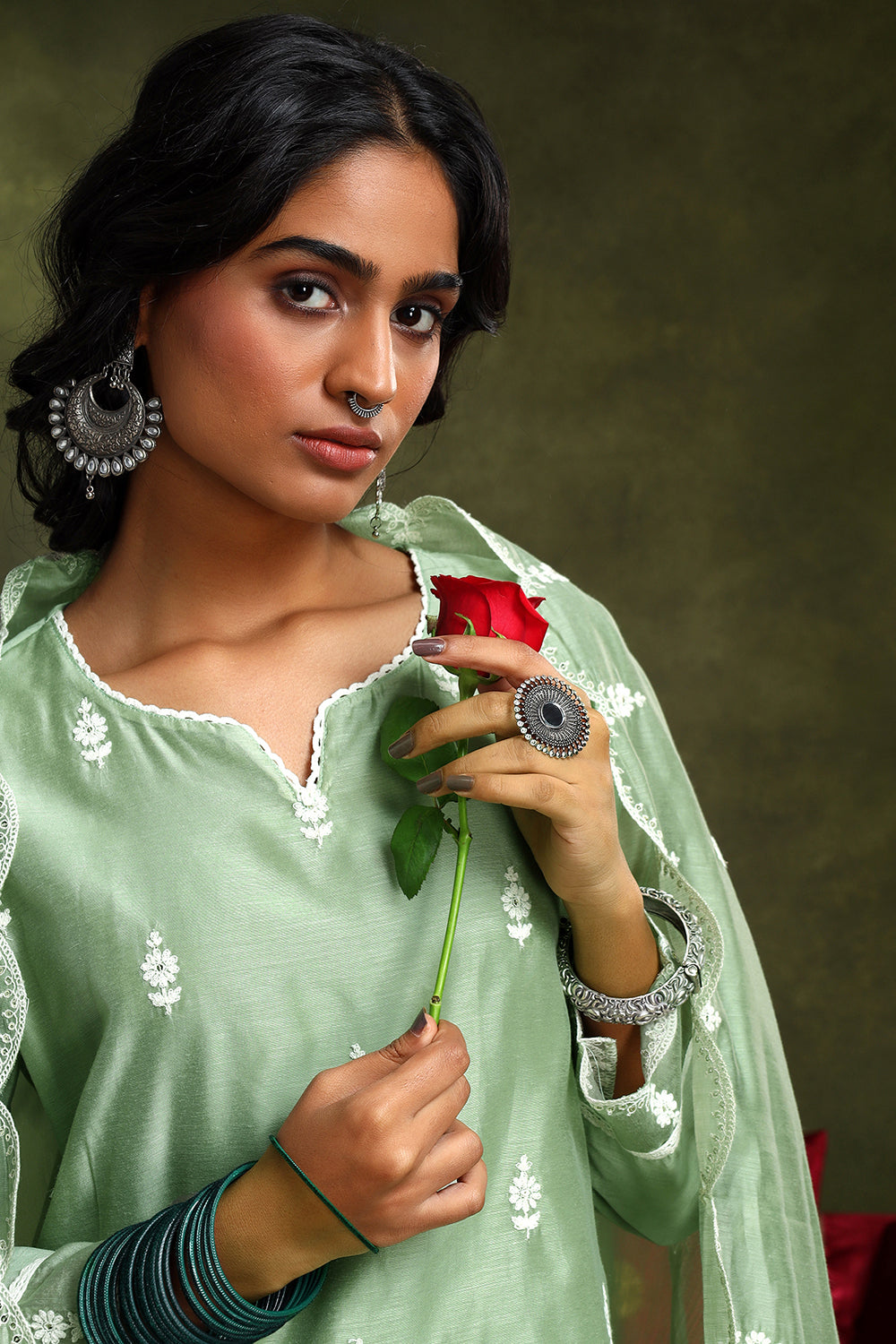 Pastel Green Hand-Embroidered Chanderi Suit Set | HER-406