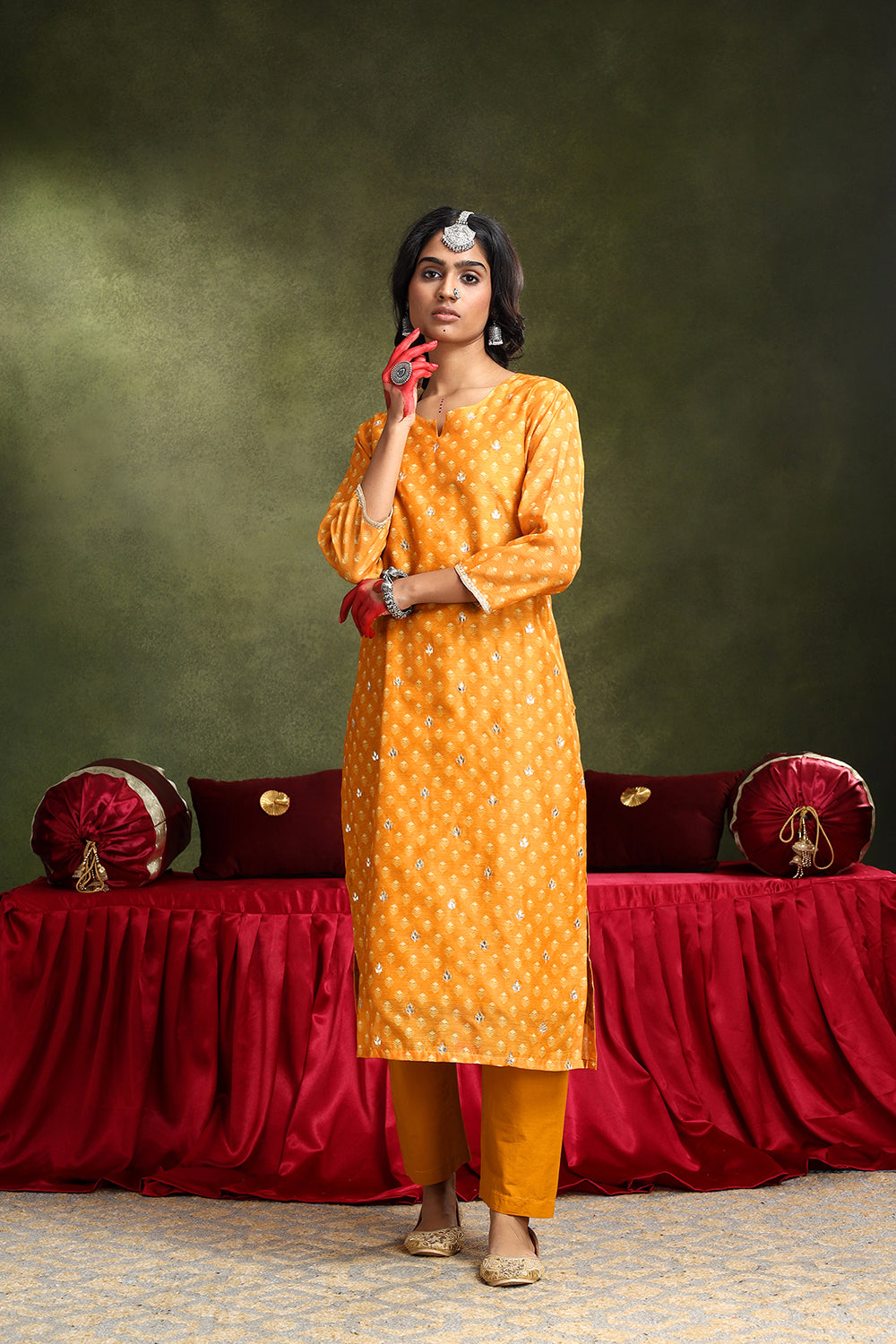 Mustard Chanderi Suit Set (with Pants and Dupatta)