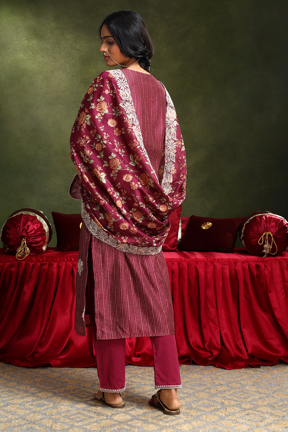 Floral Wine Chanderi Suit Set