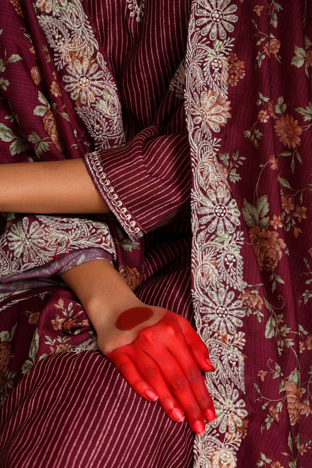 Floral Wine Chanderi Suit Set