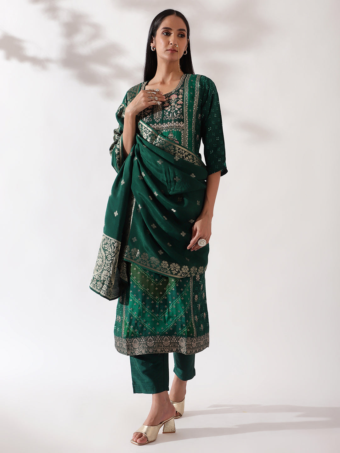 Emerald Green Dola Jacquard Suit Set | HER-166