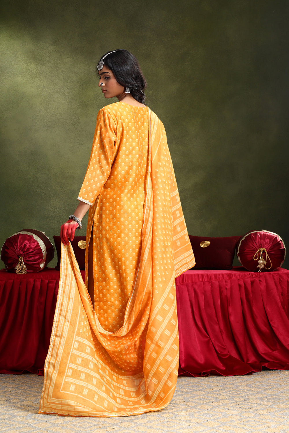 Mustard Chanderi Suit Set (with Pants and Dupatta)