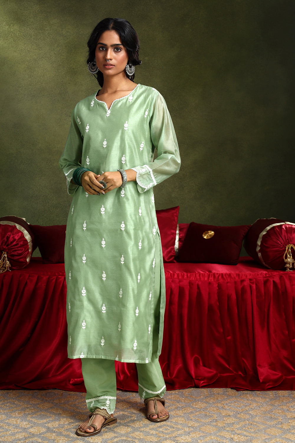 Pastel Green Hand-Embroidered Chanderi Suit Set | HER-406
