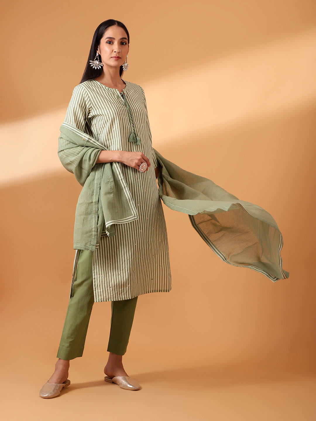 Green Digital Striped Cotton Suit Set