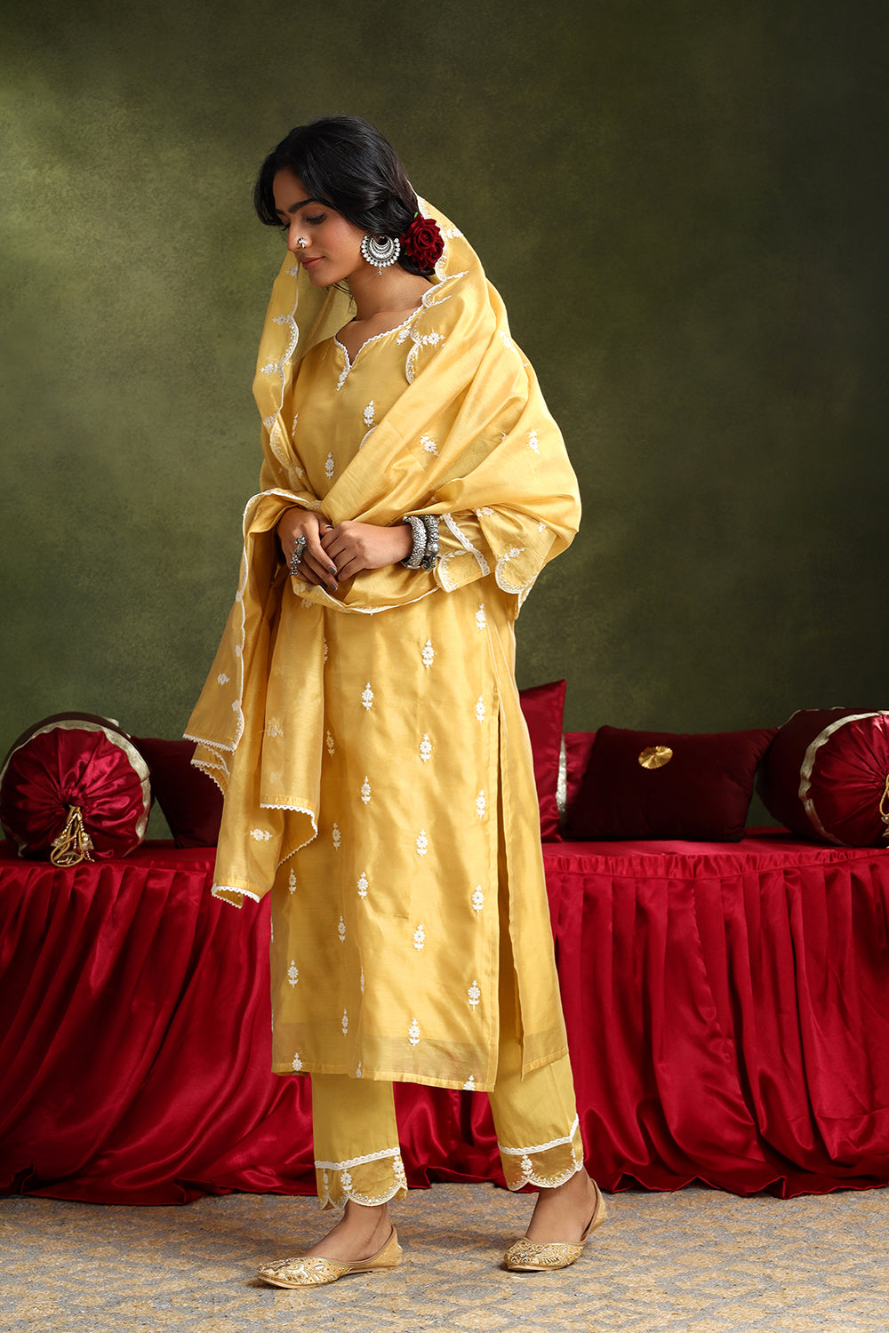 Mustard Yellow Hand-Embroidered Chanderi Suit Set | HER-406