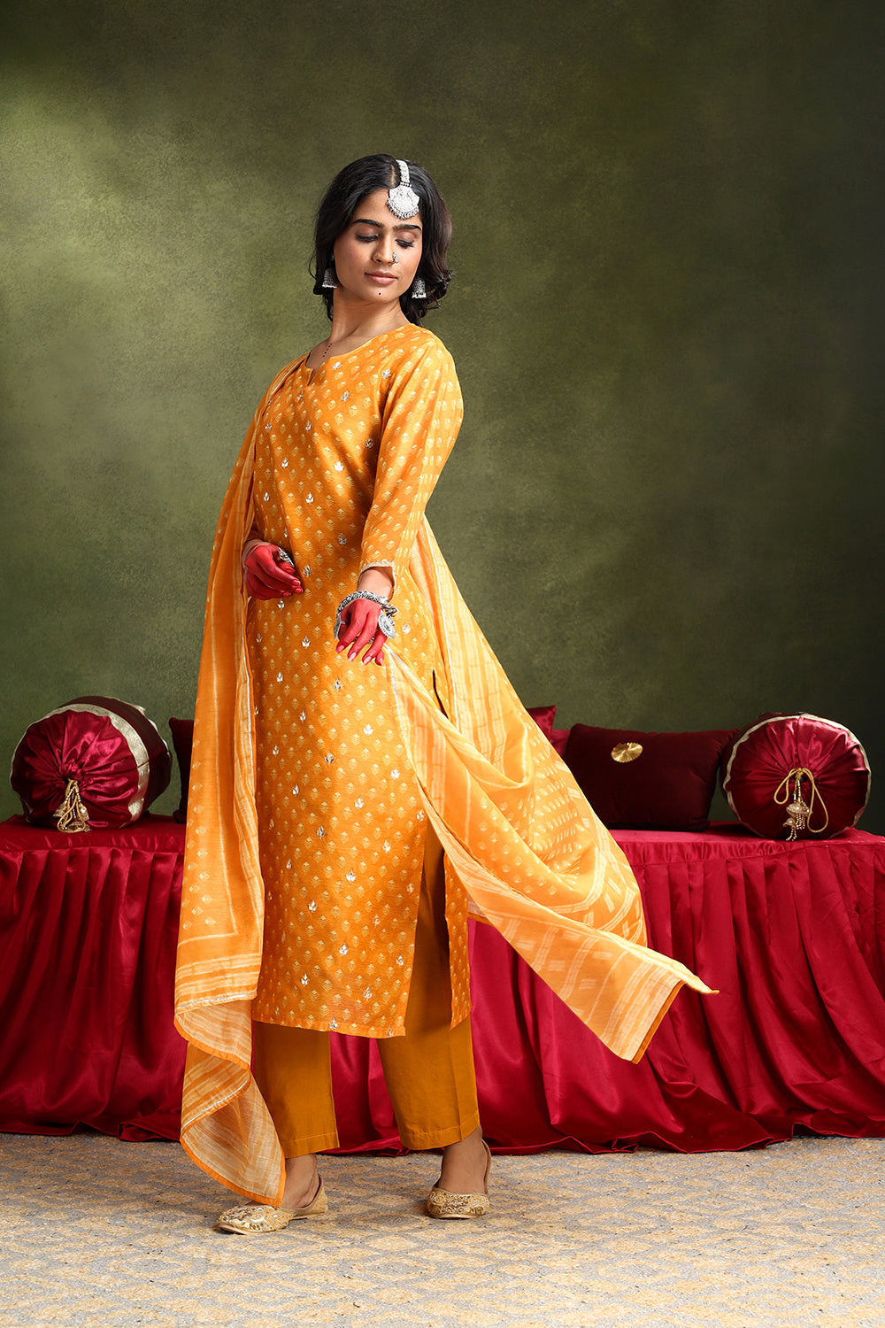 Mustard Chanderi Suit Set (with Pants and Dupatta)