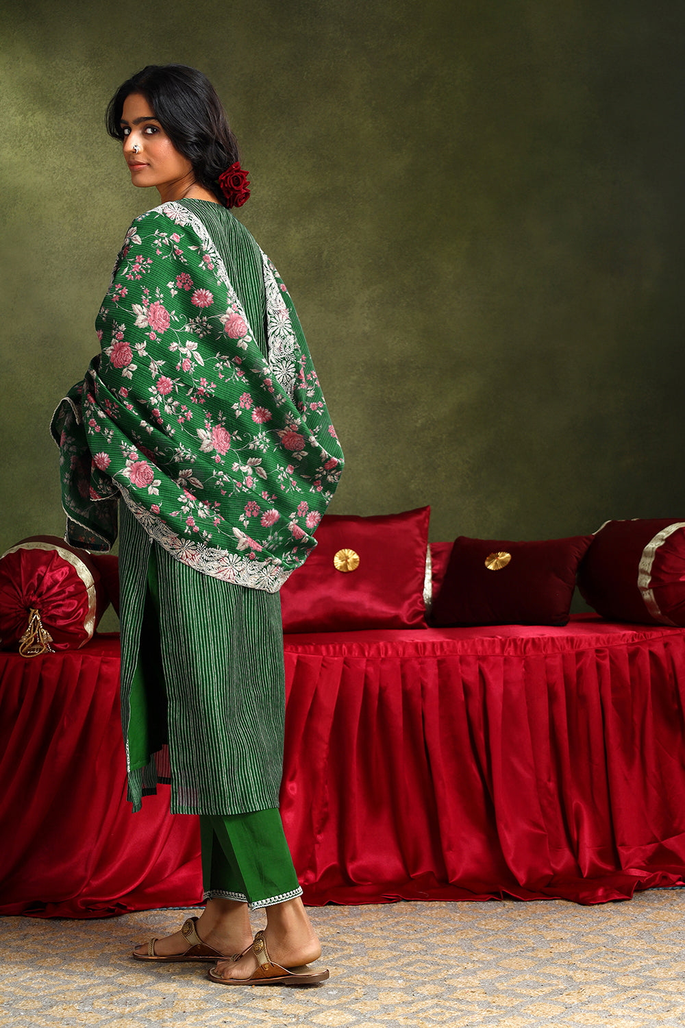 Floral Green Chanderi Suit Set me
