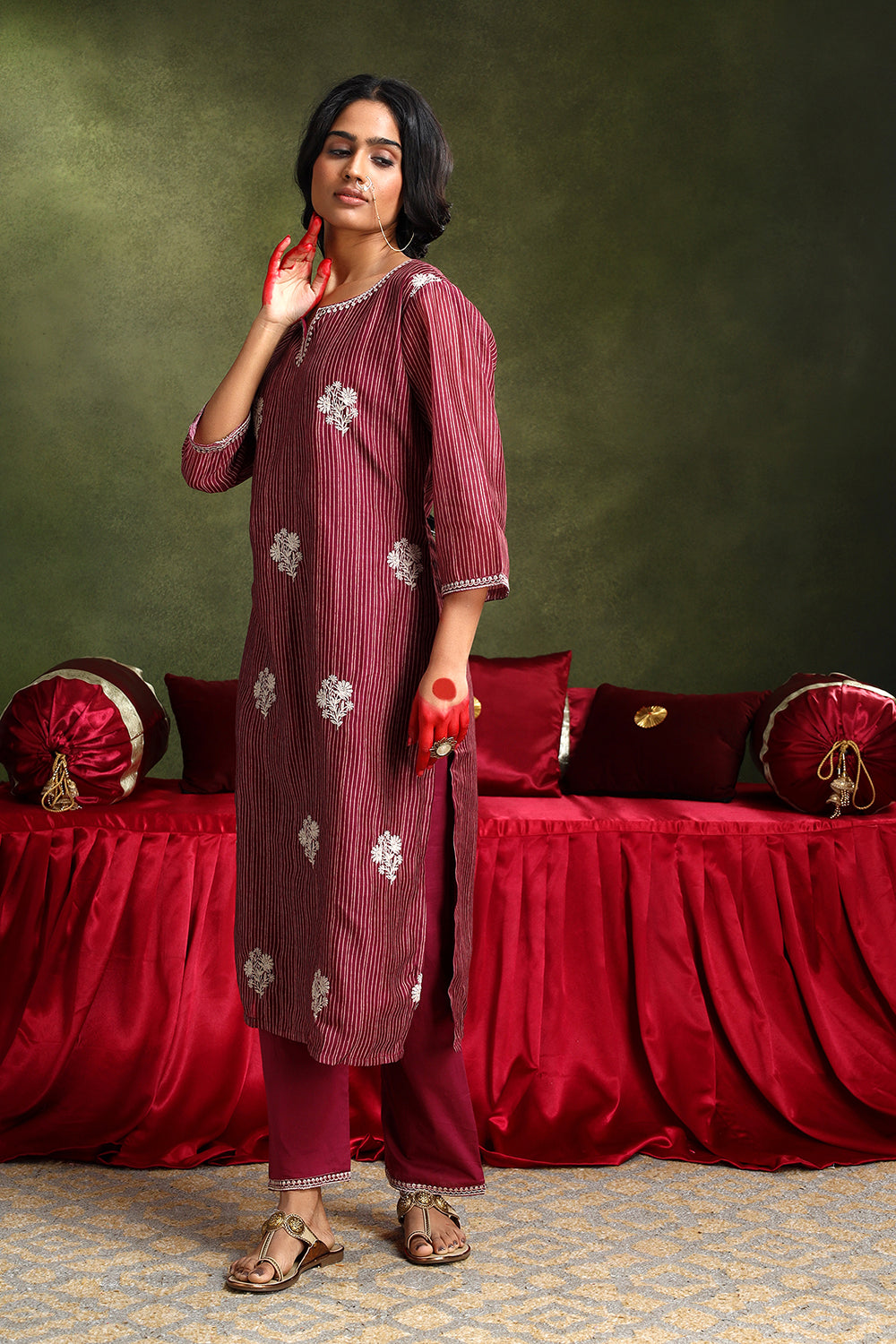 Floral Wine Chanderi Suit Set