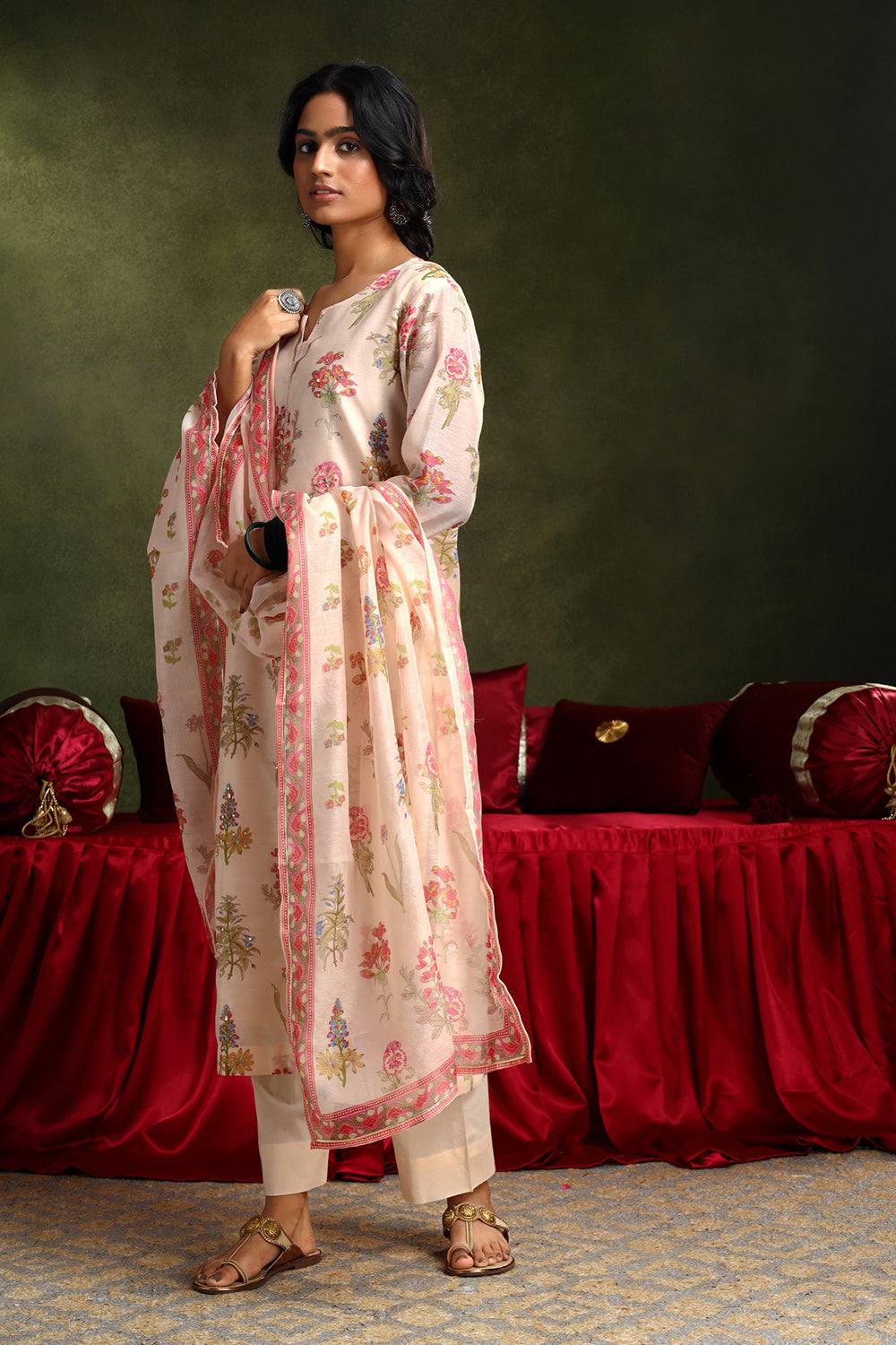 Floral Light Peach Chanderi Suit Set | HER-420