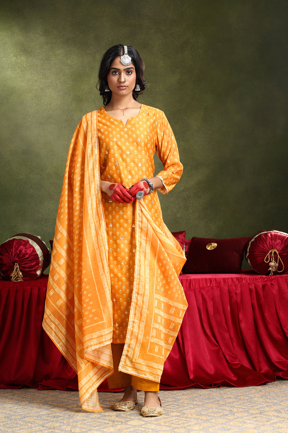 Mustard Chanderi Suit Set (with Pants and Dupatta)