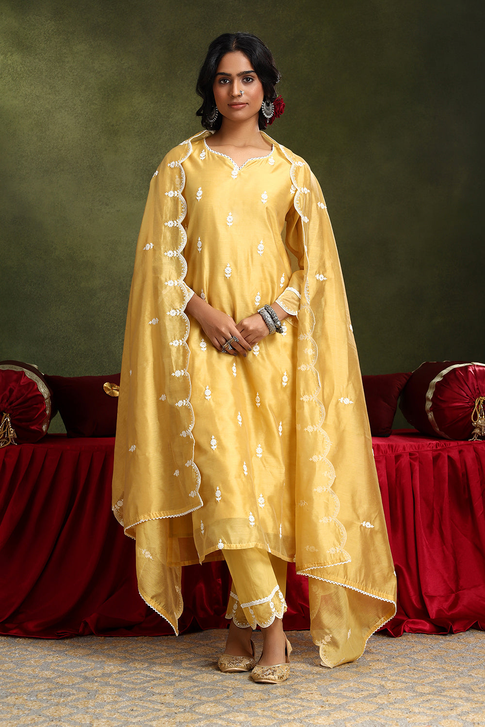 Mustard Yellow Hand-Embroidered Chanderi Suit Set | HER-406