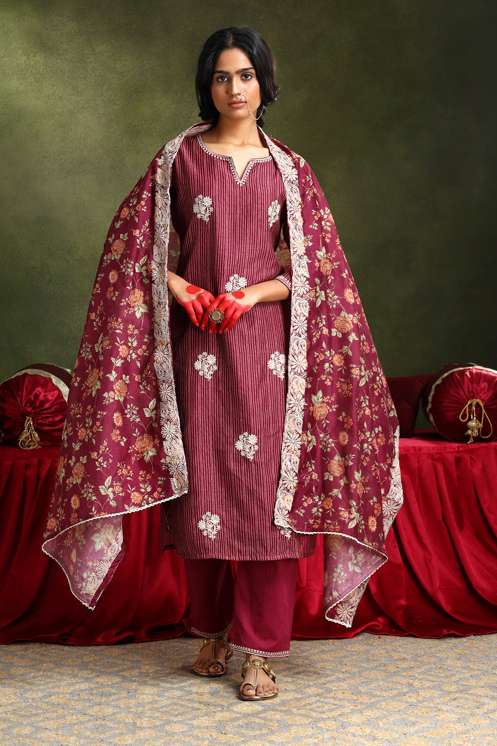 Floral Wine Chanderi Suit Set