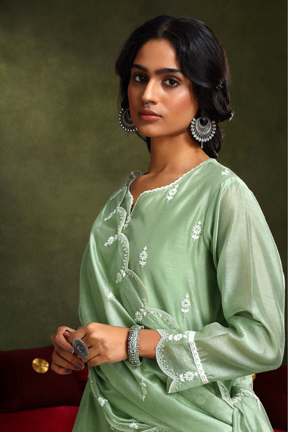 Pastel Green Hand-Embroidered Chanderi Suit Set | HER-406