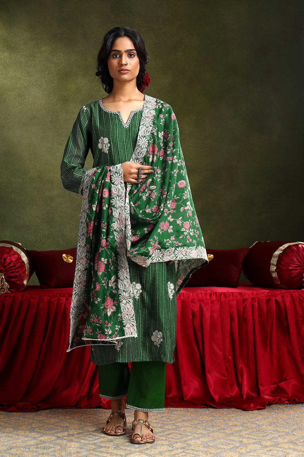 Floral Green Chanderi Suit Set me