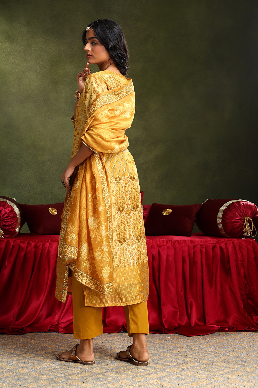 Floral Mustard Yellow Chanderi Suit Set | HER-399