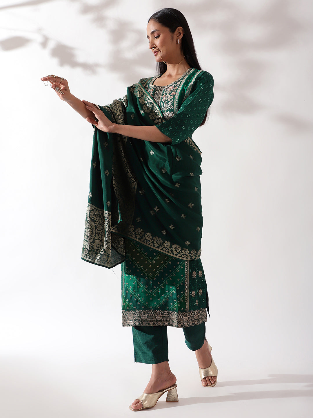 Emerald Green Dola Jacquard Suit Set | HER-166