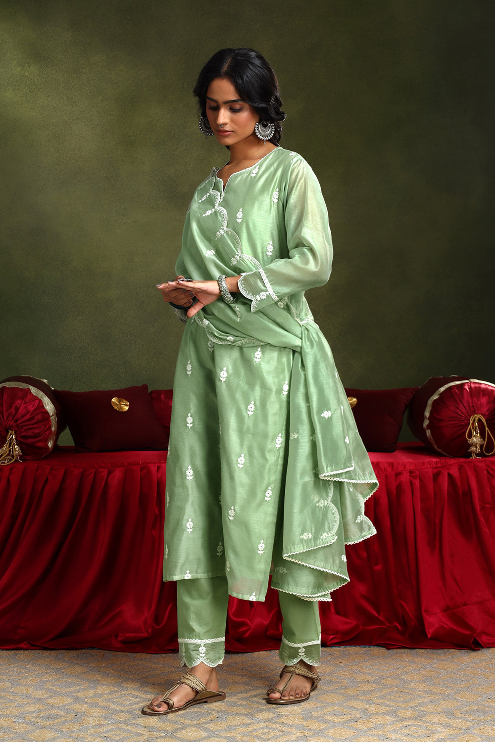 Pastel Green Hand-Embroidered Chanderi Suit Set | HER-406