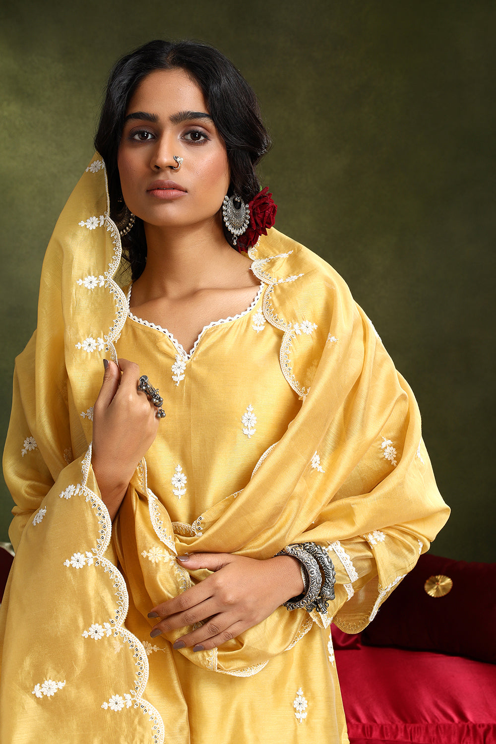 Mustard Yellow Hand-Embroidered Chanderi Suit Set | HER-406