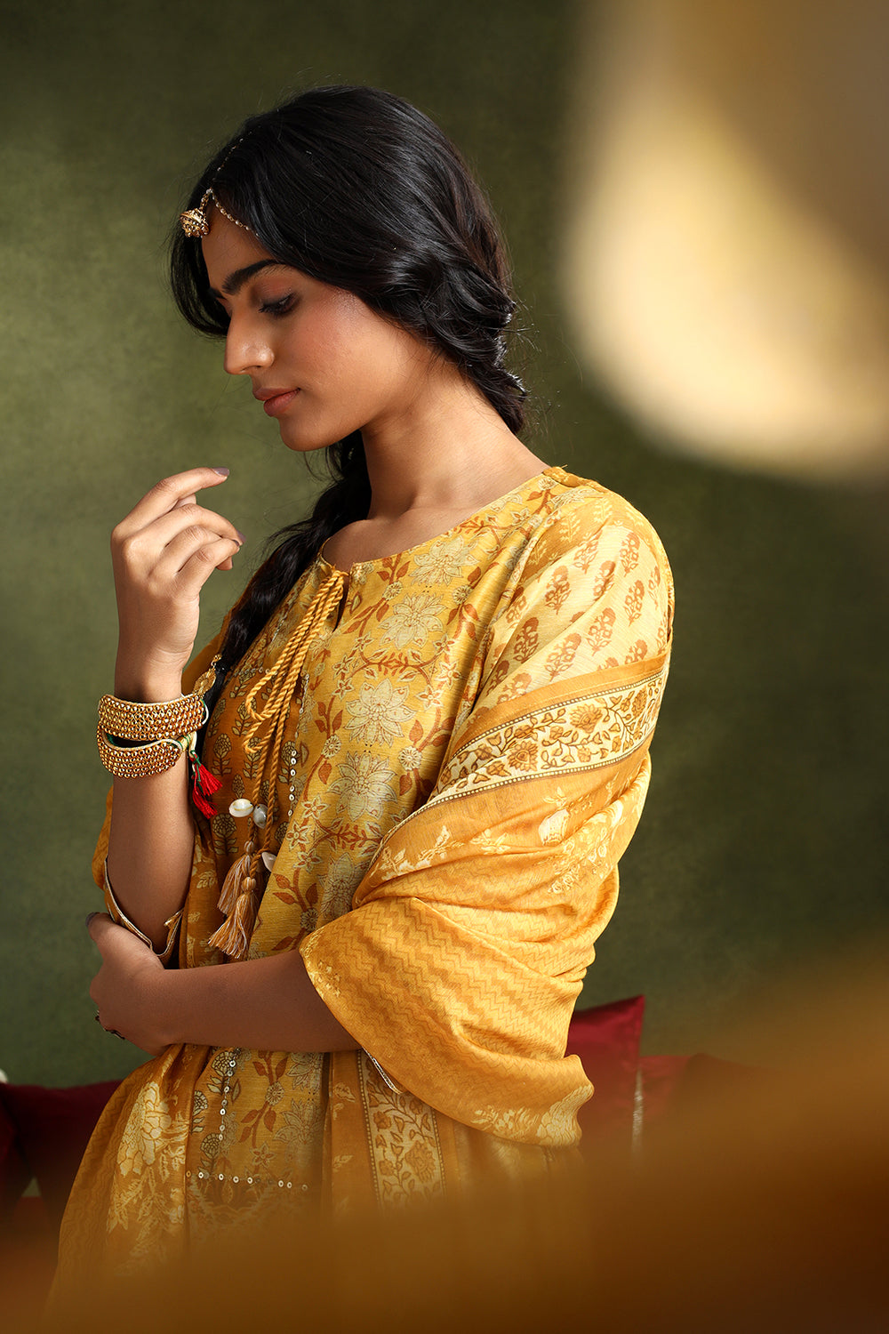 Floral Mustard Yellow Chanderi Suit Set | HER-399