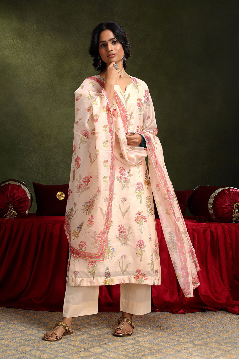 Floral Light Peach Chanderi Suit Set | HER-420