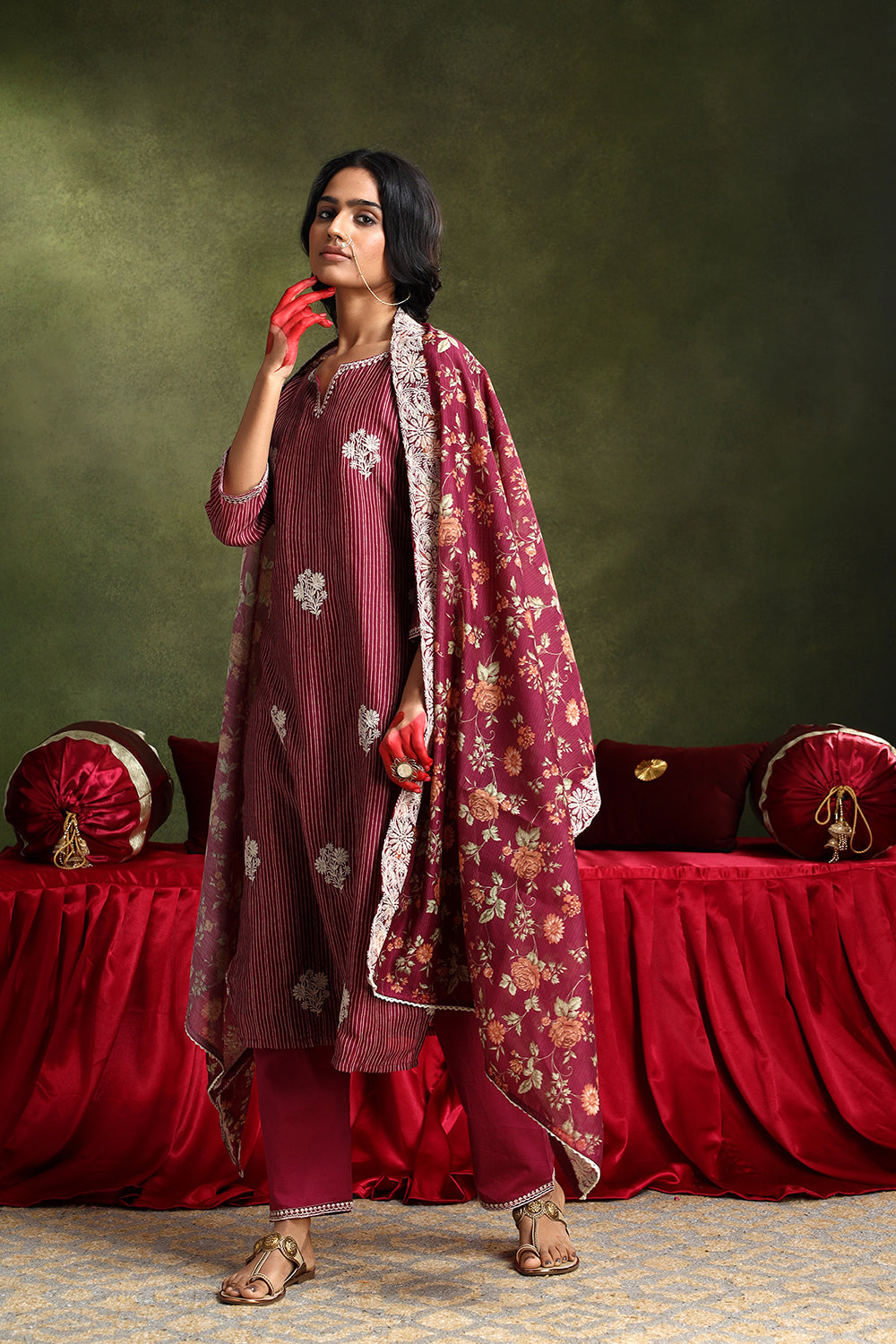 Floral Wine Chanderi Suit Set
