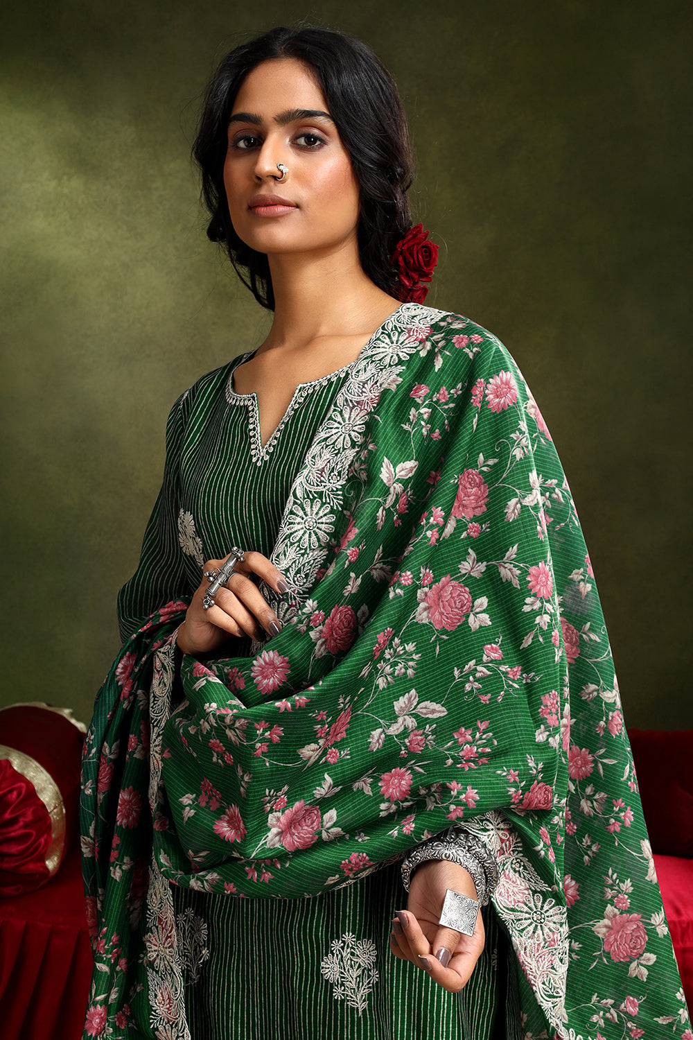Floral Green Chanderi Suit Set me