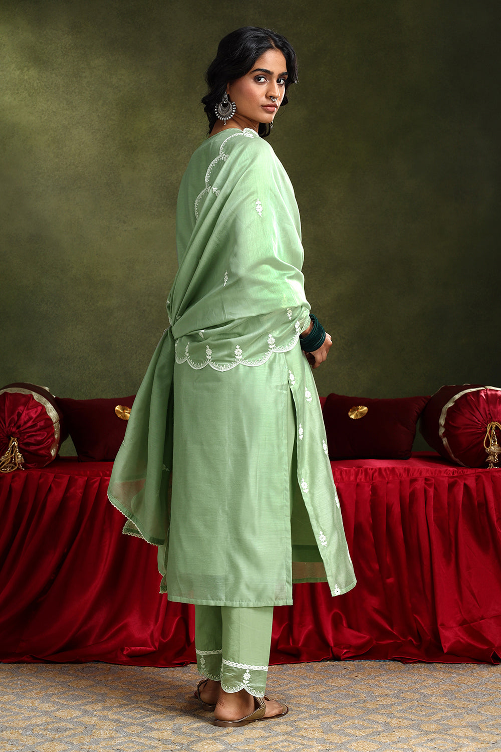 Pastel Green Hand-Embroidered Chanderi Suit Set | HER-406