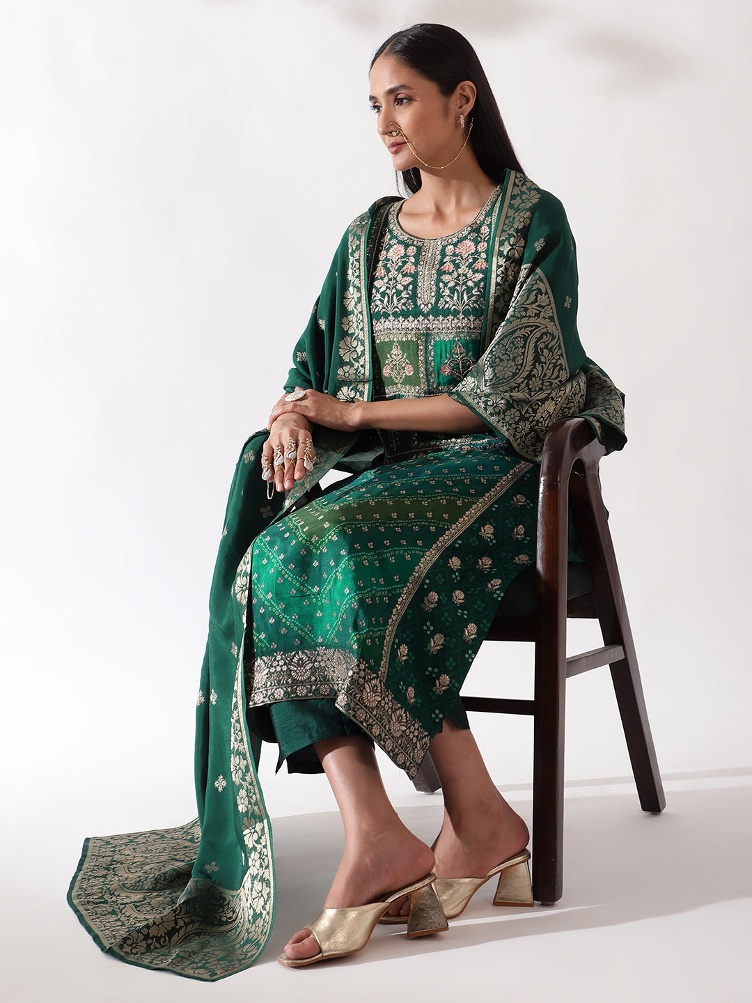 Emerald Green Dola Jacquard Suit Set | HER-166