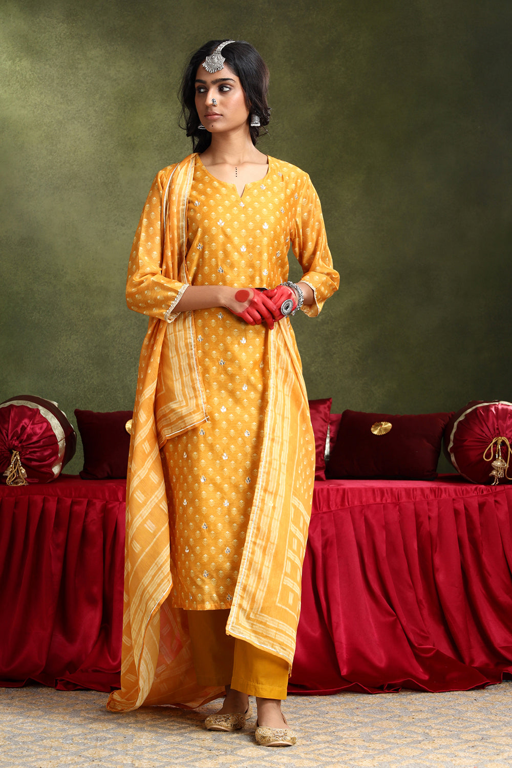 Mustard Chanderi Suit Set (with Pants and Dupatta)