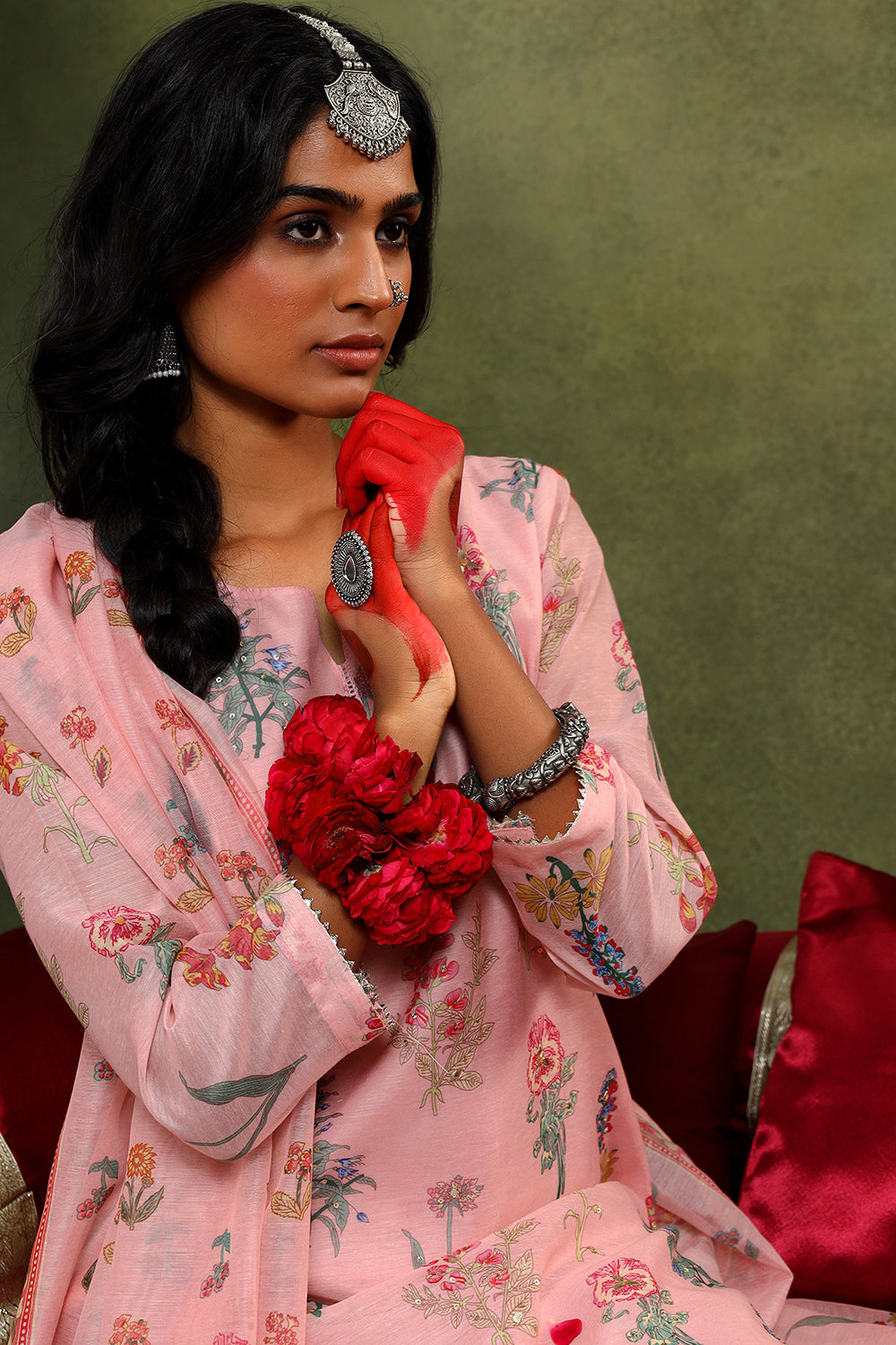 Floral Blush Pink Chanderi Suit Set | HER-420