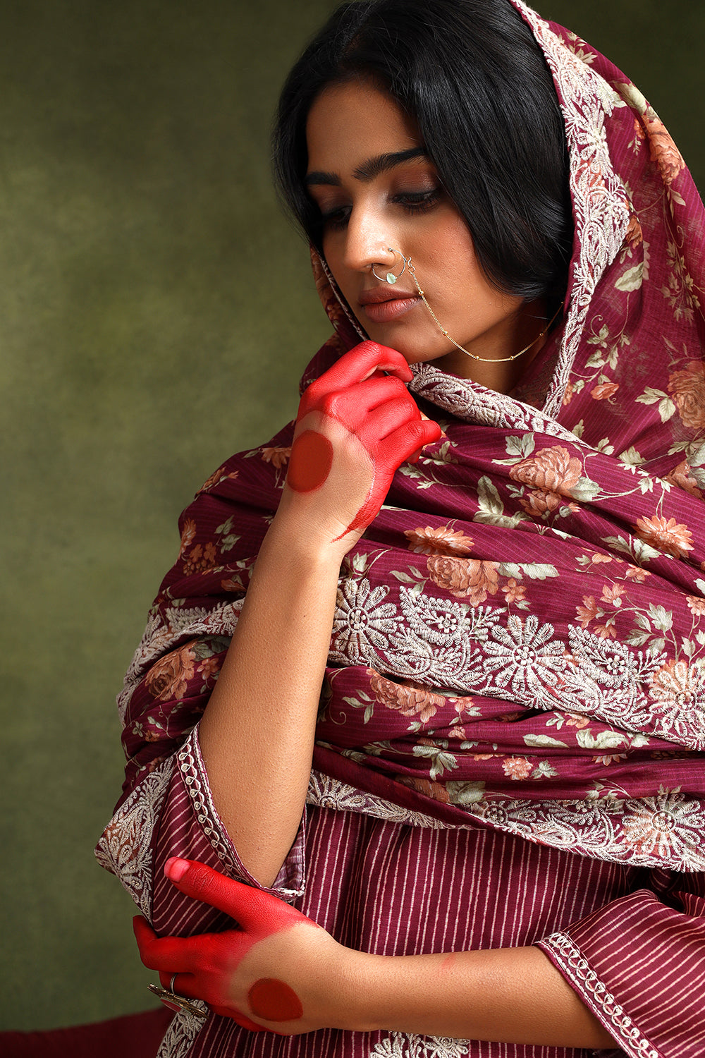 Floral Wine Chanderi Suit Set