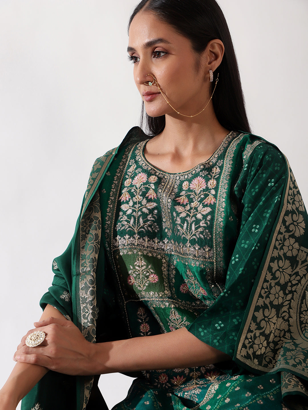 Emerald Green Dola Jacquard Suit Set | HER-166