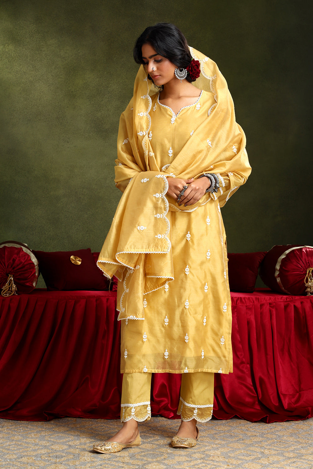 Mustard Yellow Hand-Embroidered Chanderi Suit Set | HER-406