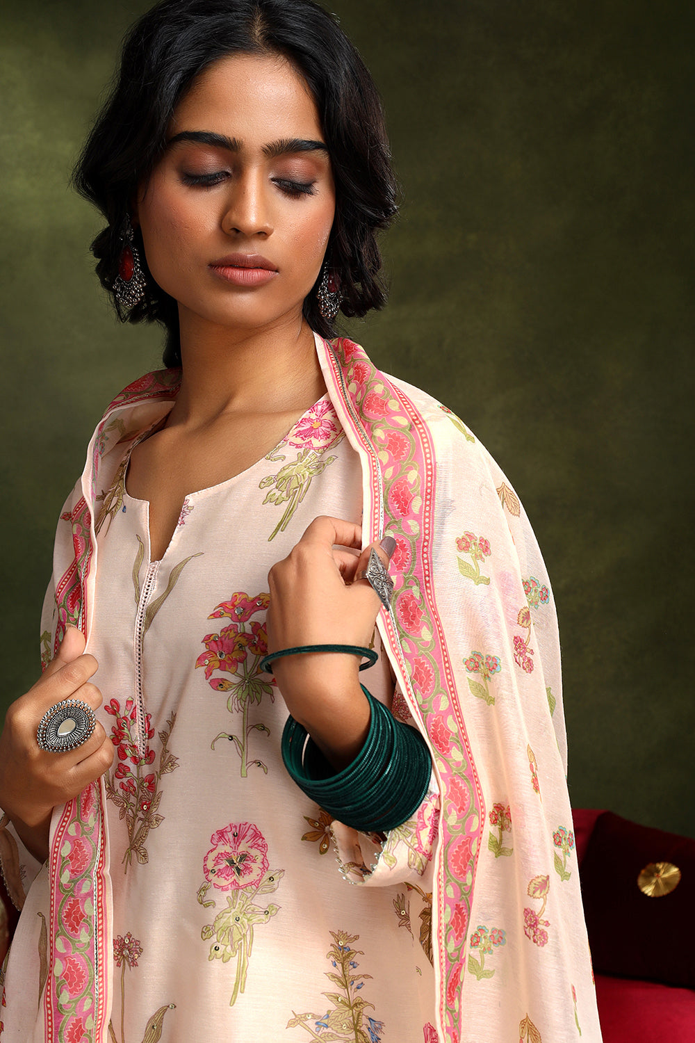 Floral Light Peach Chanderi Suit Set | HER-420