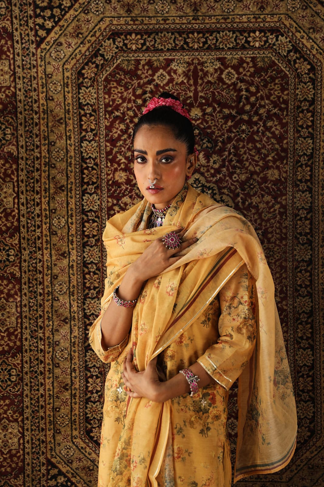 Heer Floral Yellow Chanderi Suit Set | HER-255