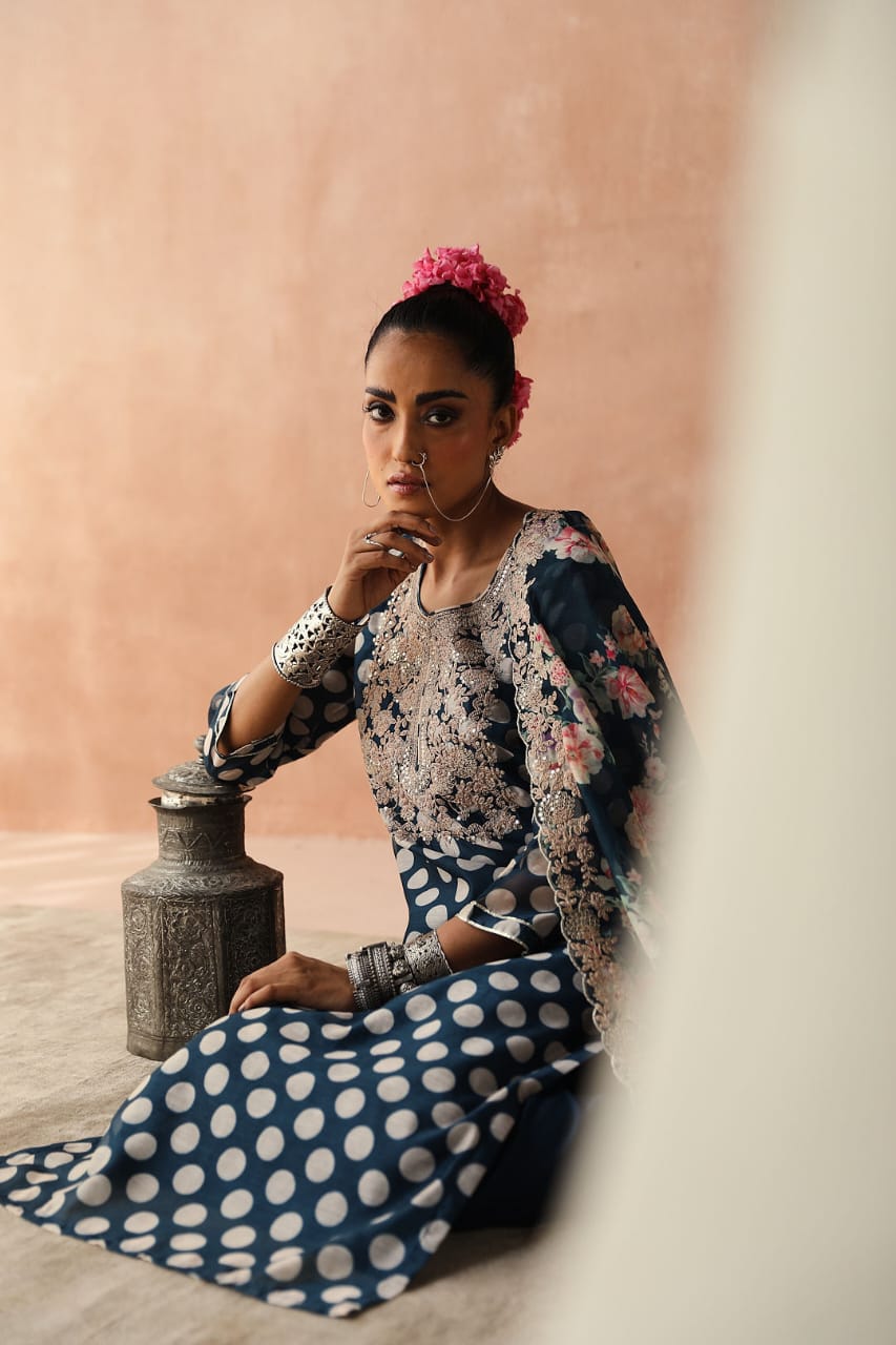 Blue Polka Chanderi Kurta Set | HER-253