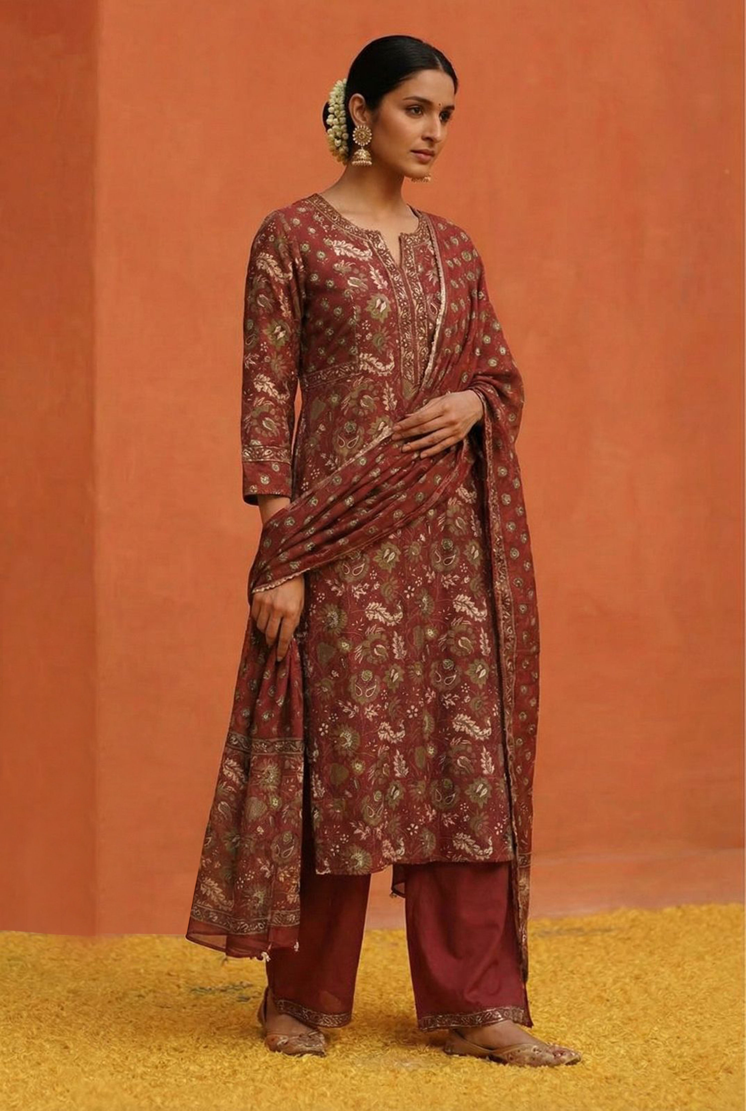 Maroon Floral Cotton Suit Set | HER-523