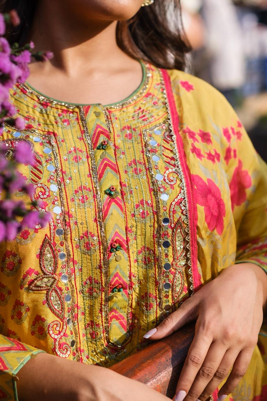 Sunshine Yellow Floral Chanderi Silk Suit Set | HER-636