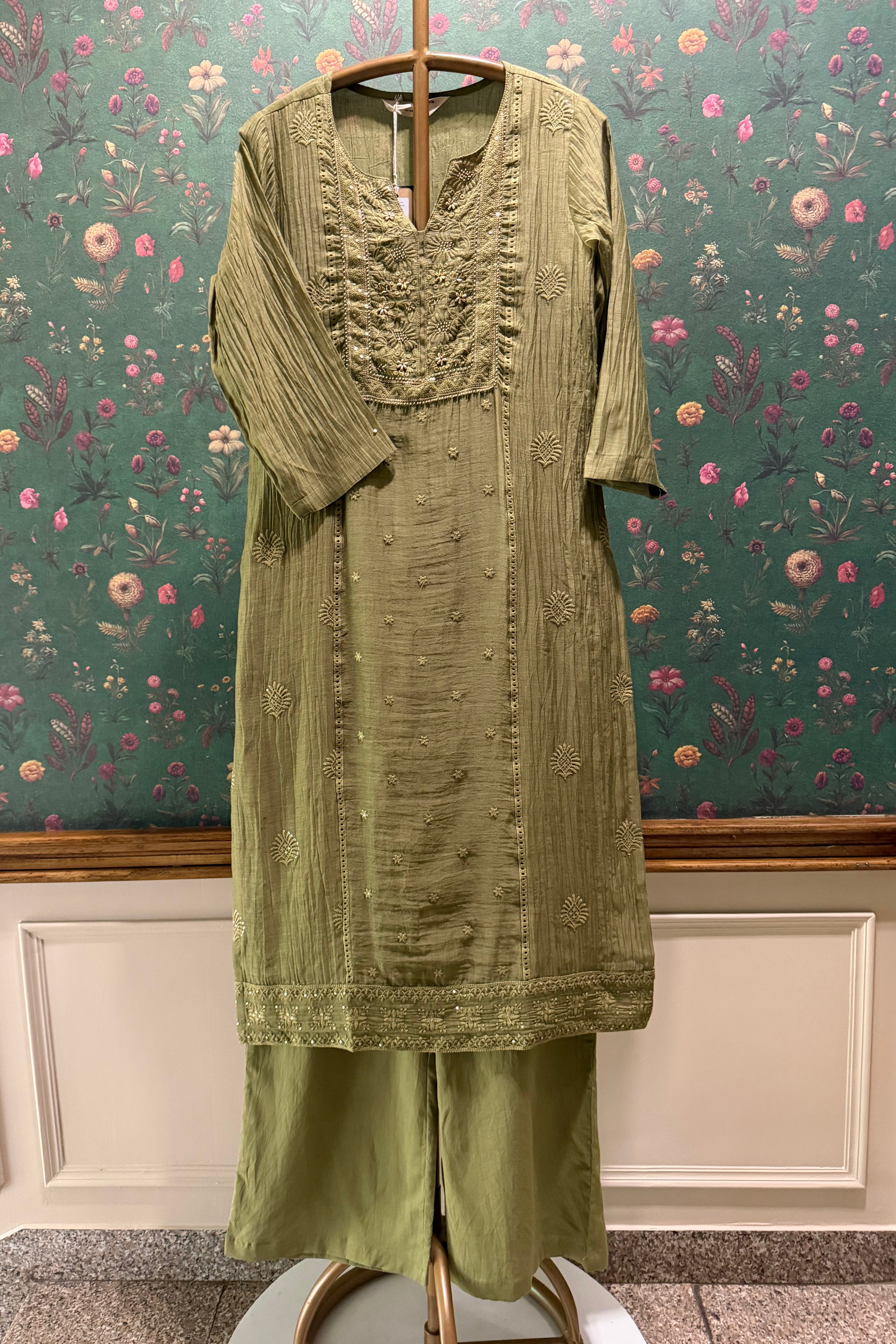 Antique Olive Green Noor Chikankari Suit Set | HER-620