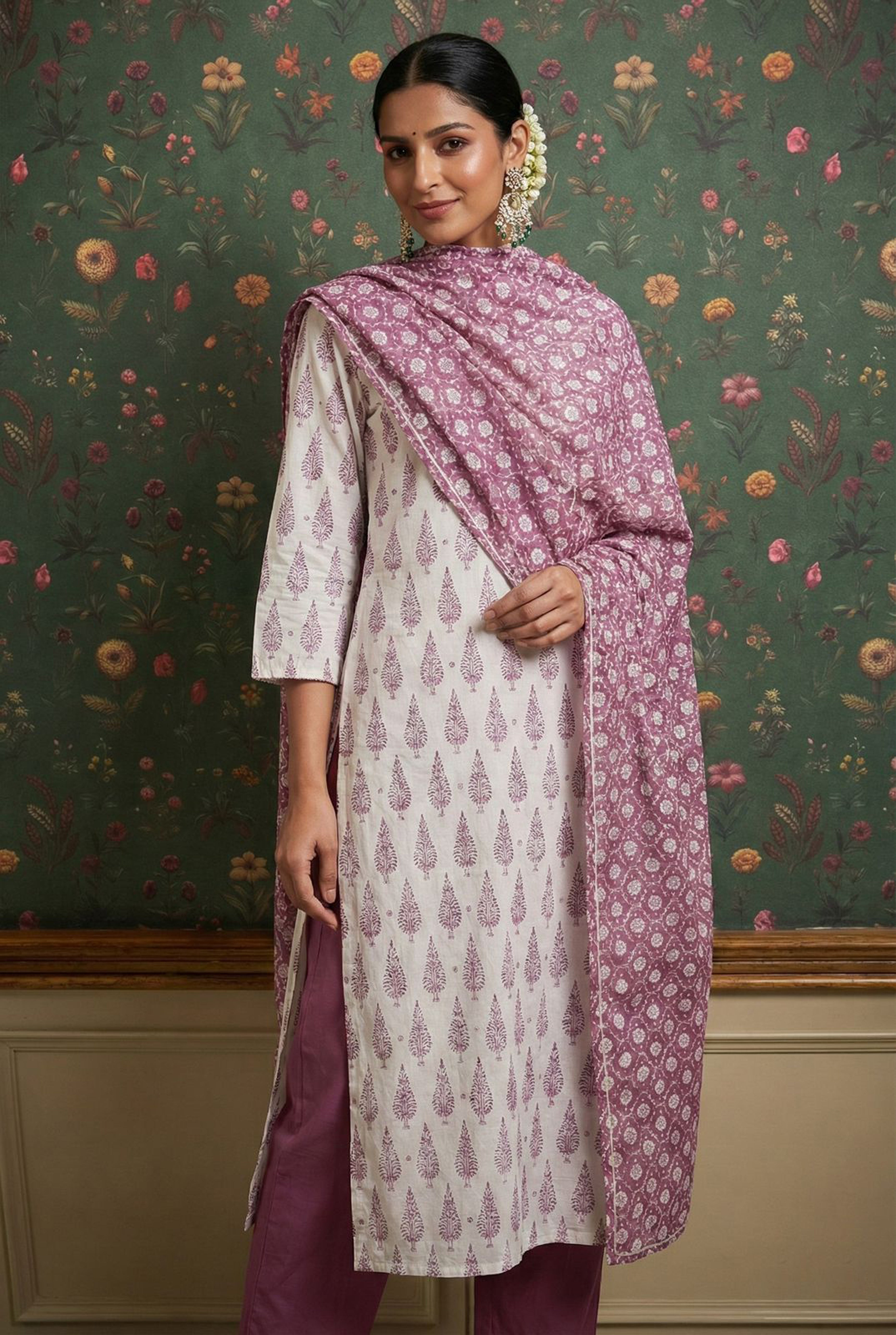 Purple Motifs Handblock Cotton Suit Set