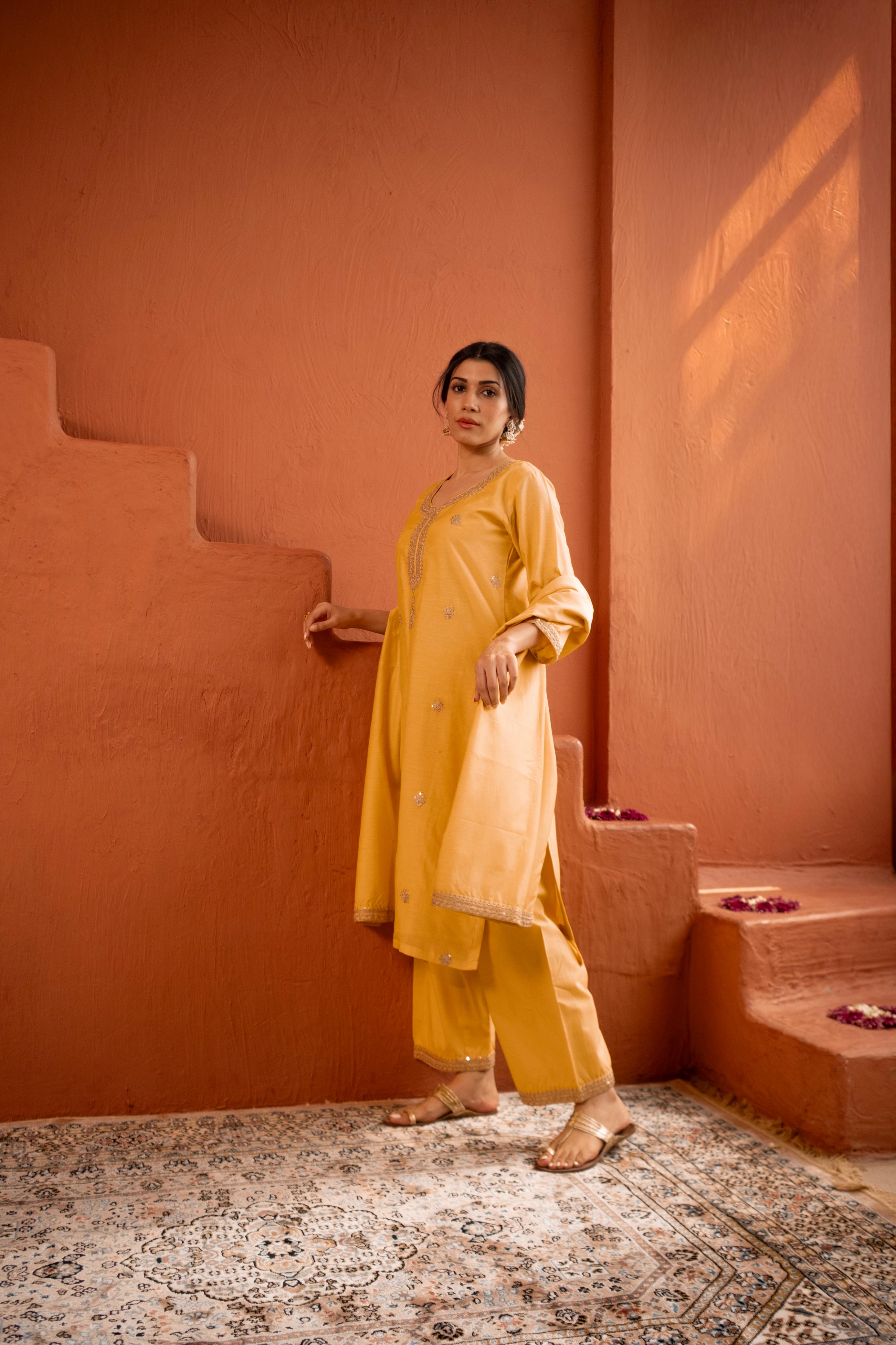 Aafreen Yellow Mul Chanderi Embroidered Suit Set | HER-543