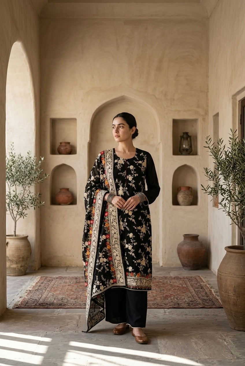 Black Floral Embroidered Georgette Suit Set