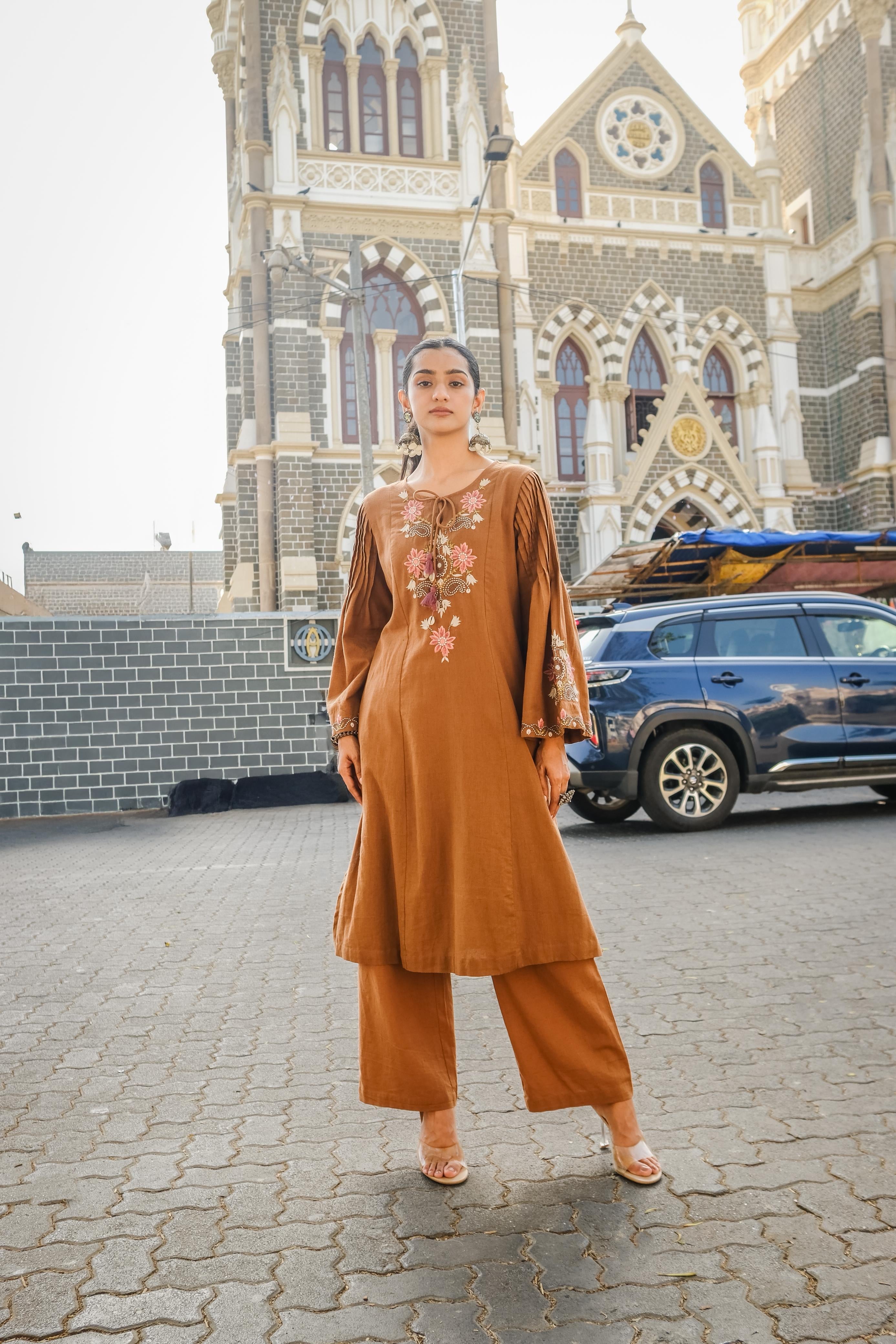 Caramel Brown Embroidered A-Line Kurta Set | HER-723