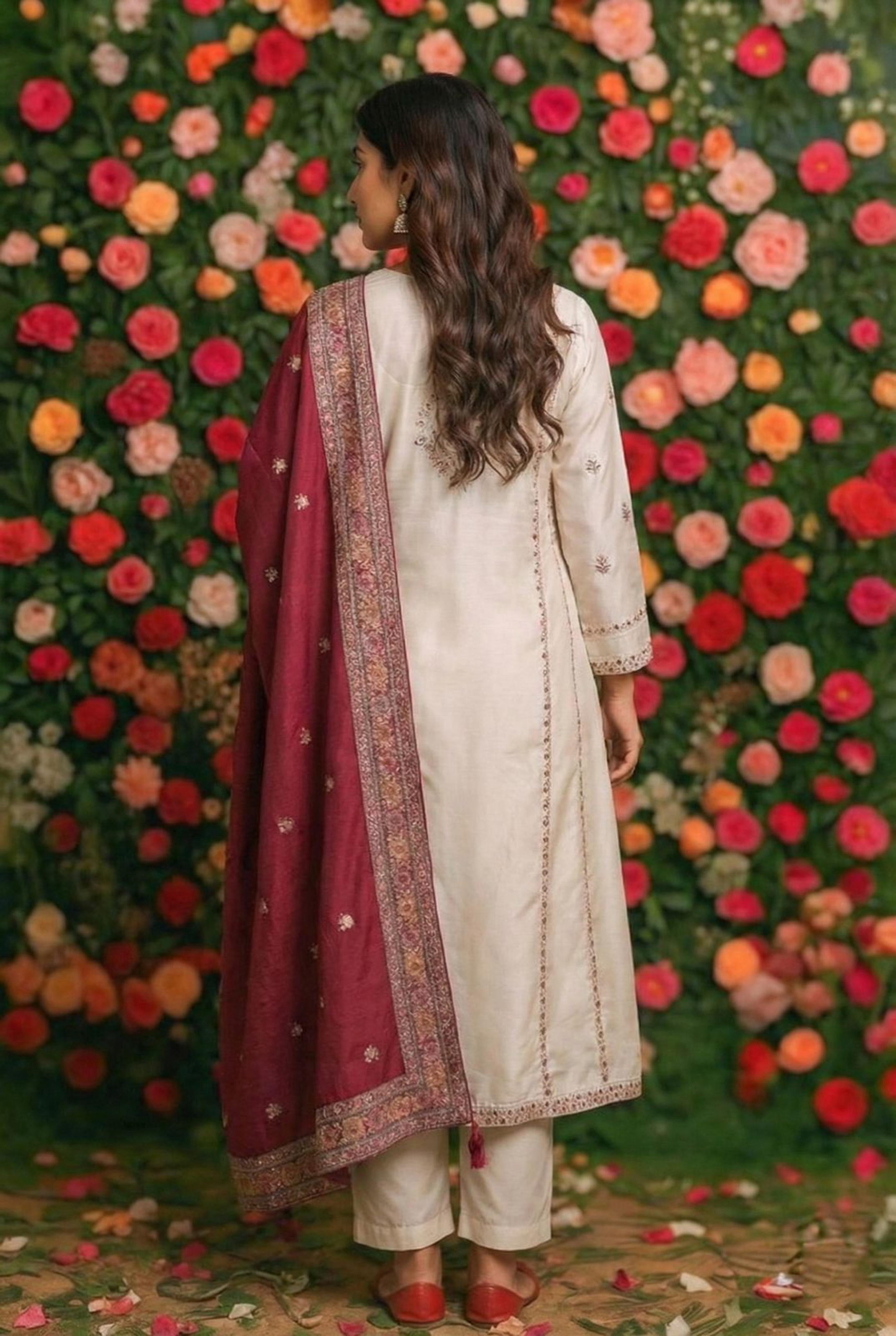 Arzoo Ivory Chanderi Embroidered Suit Set with Maroon Banarasi Dupatta | HER-551