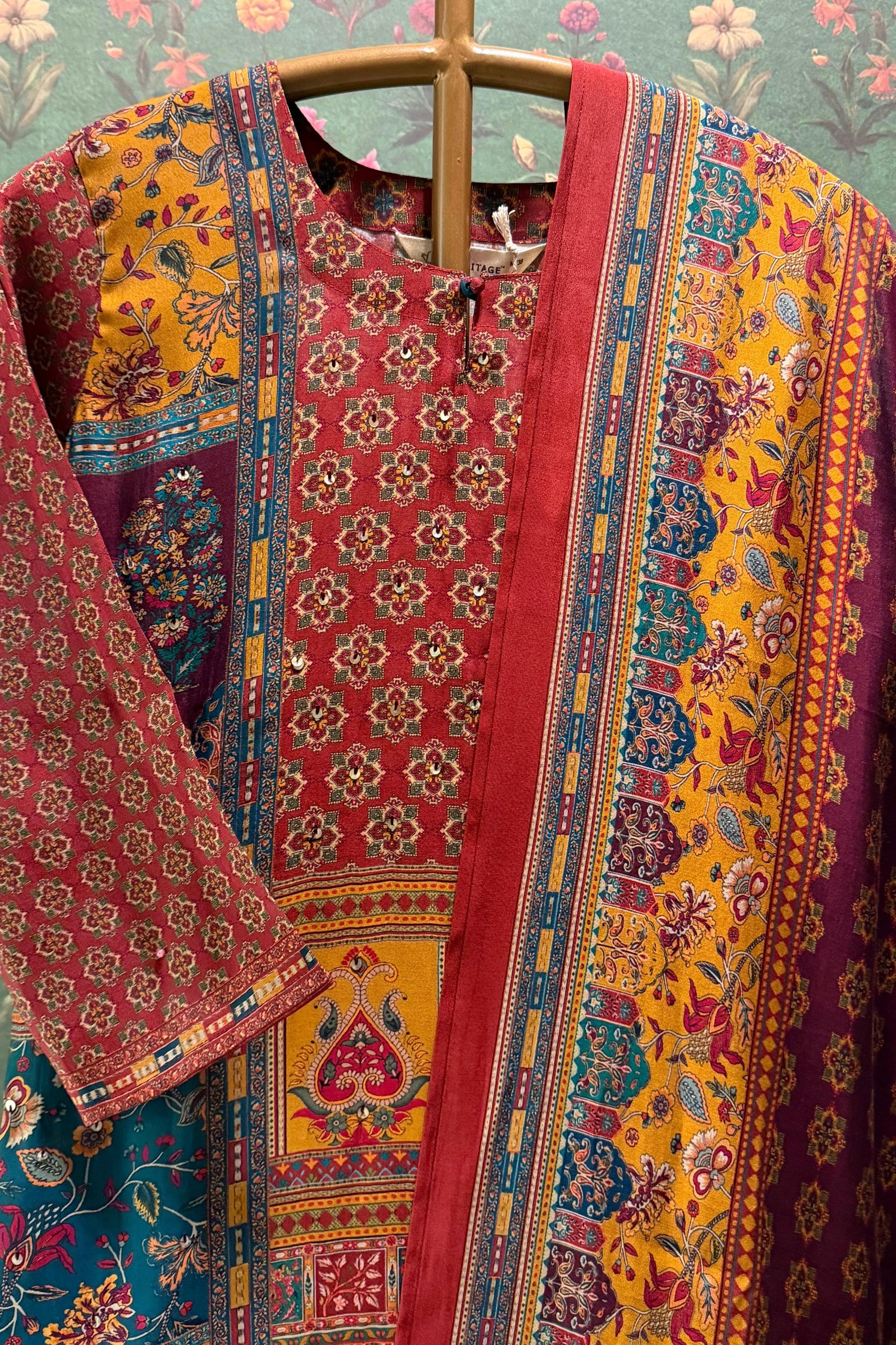 Aurelia Maroon Multicolor Muslin Suit Set | HER-569