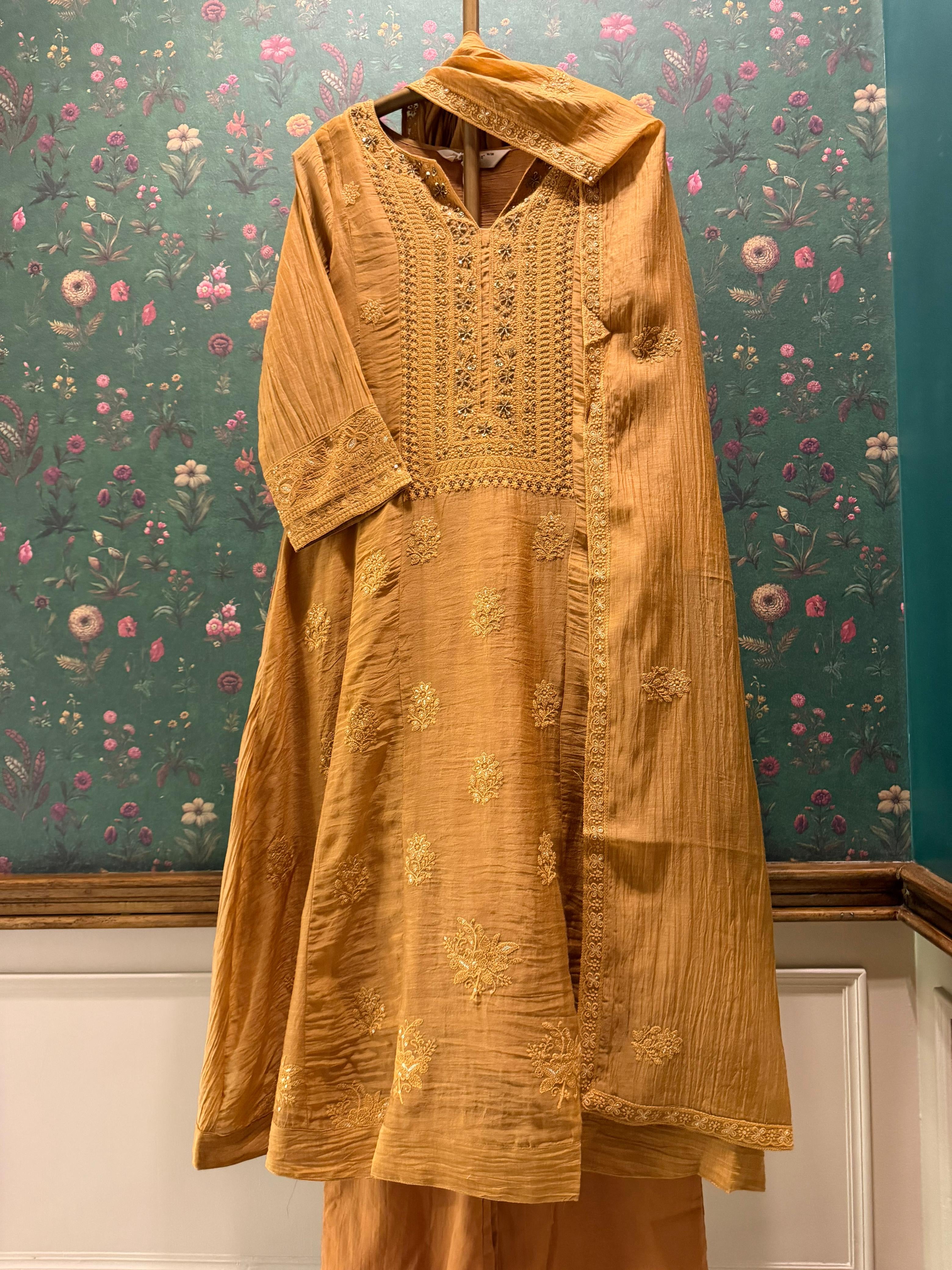 Ochre Yellow Chikankari A-Line Mul Chanderi Suit Set | HER-626