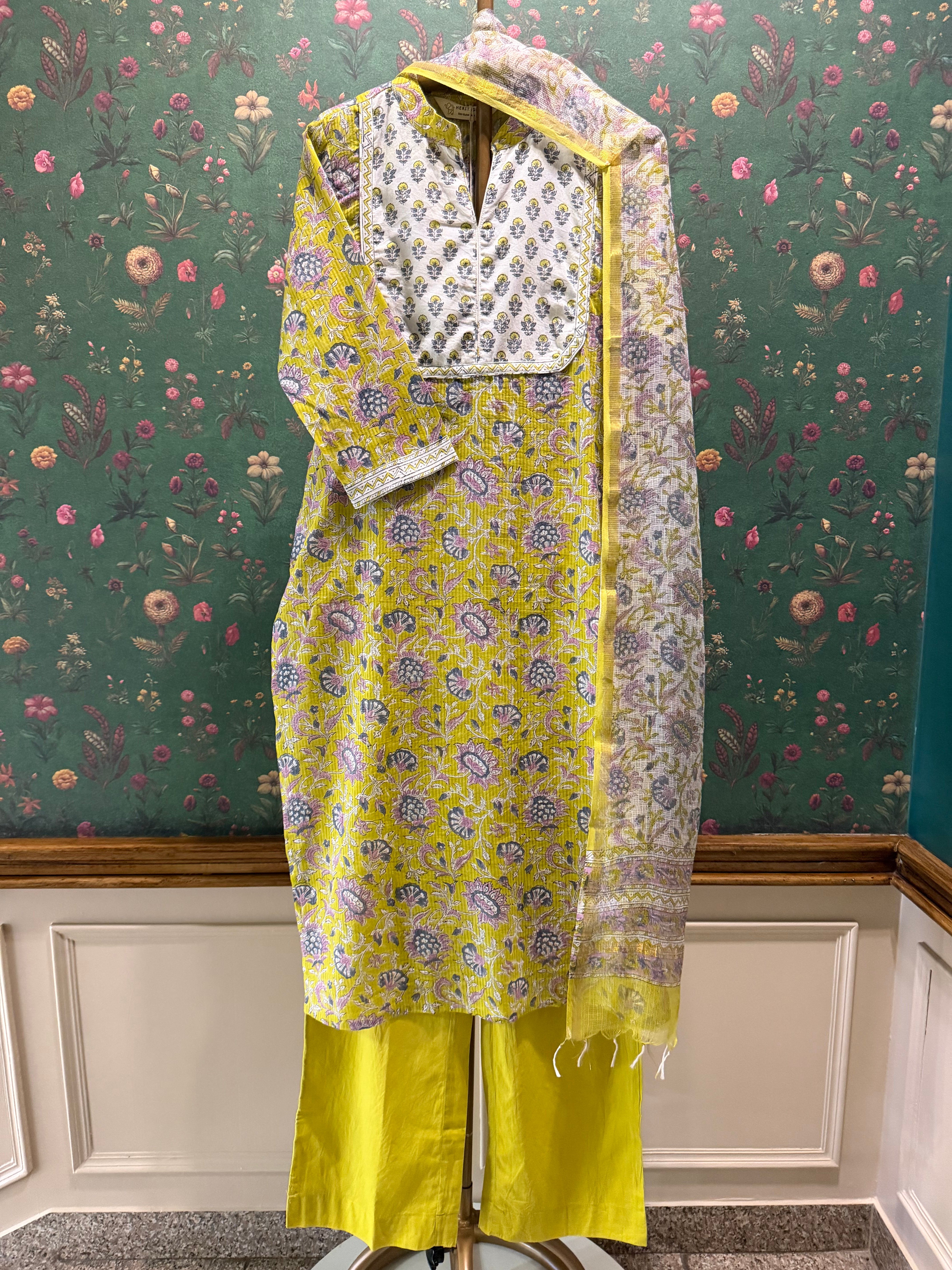 Lime Yellow Floral Printed Suit Set, with Kota Doria Dupatta | HER-752