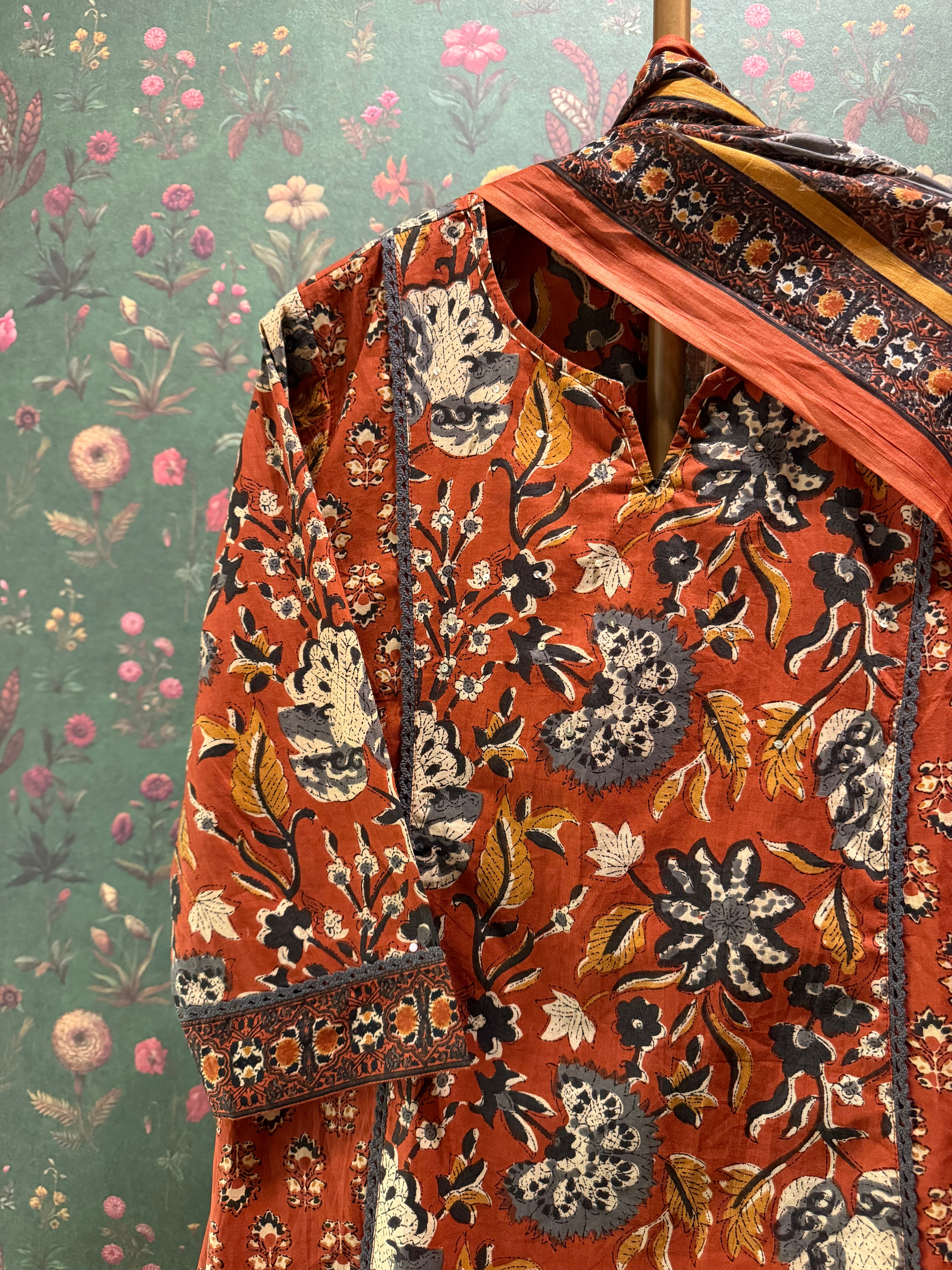Burnt Saffron Orange Printed A-Line Cotton Suit Set | HER-713