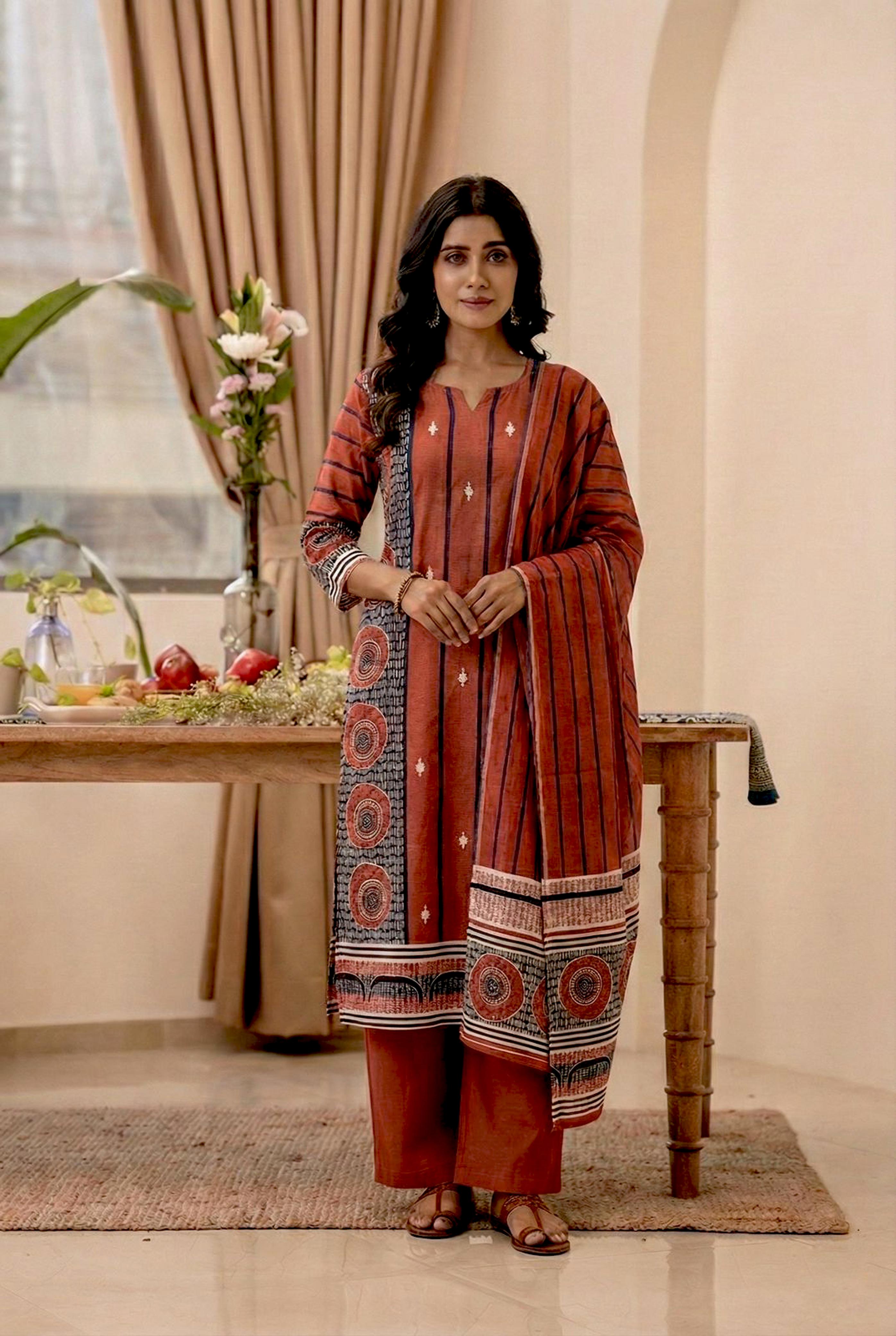 Red Straight Fit Cotton Suit Set | HER-471