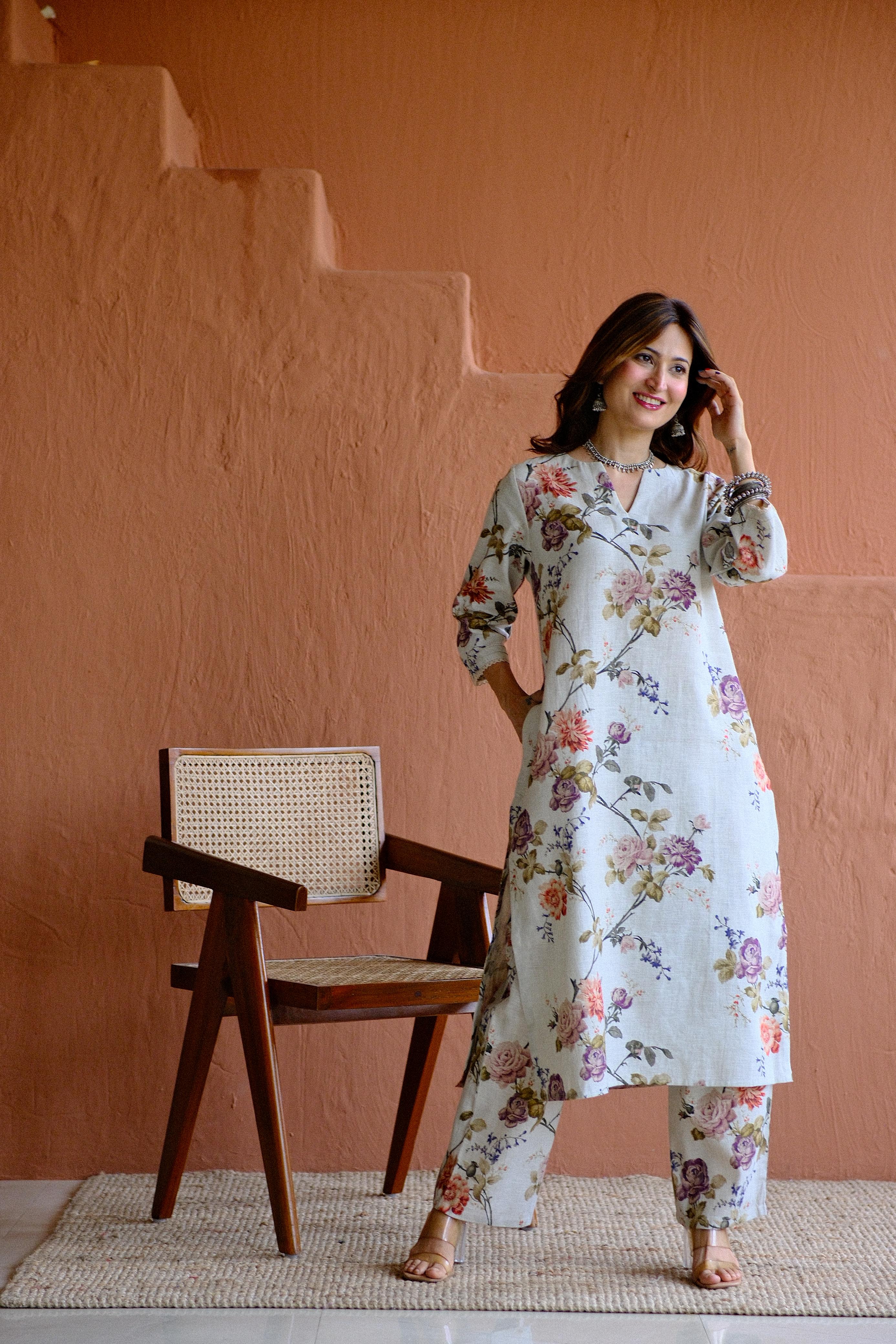 Rosalie Bloom Pure Linen Co-ord/Kurta Set | HER-465